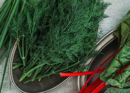 Top view of fresh dill, green onions, and Swiss chard displayed on a table.